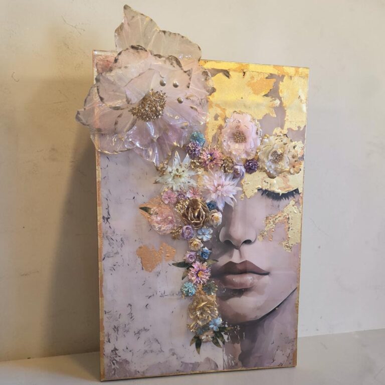 Gilded Muse / 3D Floral Mixed Media Portrait
